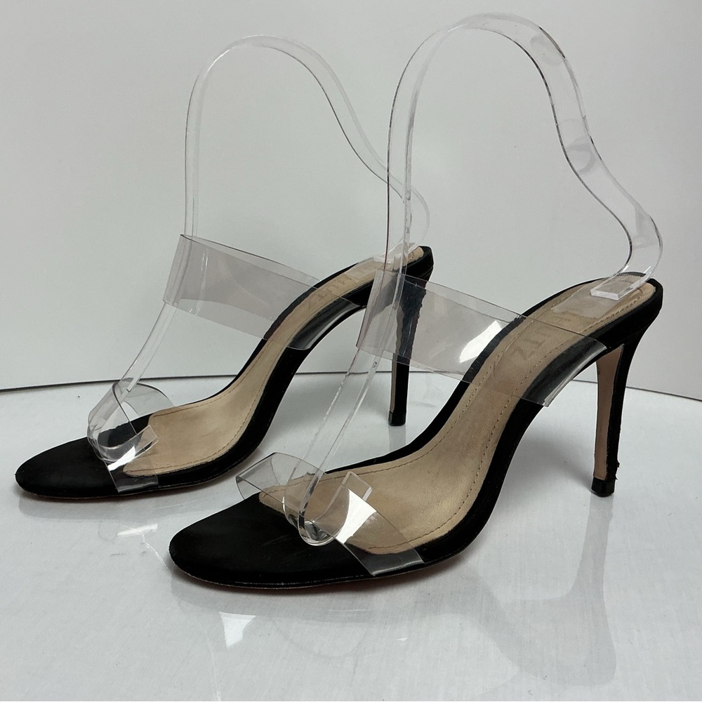 Schutz Clear Strap Heels Black Leather Stiletto Sandals Size 5.5
